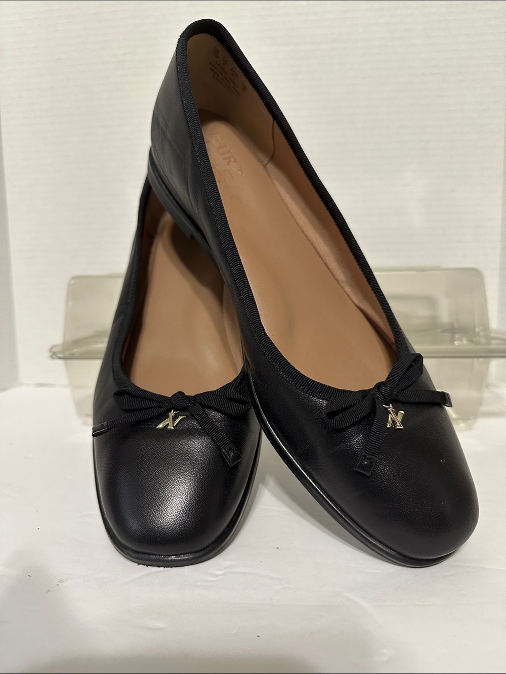 Naturalizer Black Leather Ballet Flats with Bow and Logo Charm Size 10 M